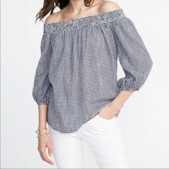 Old Navy M off the shoulder blue and white gingham print top - Picture 1 of 6